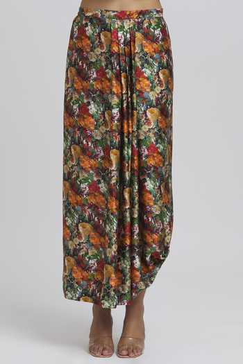 Shop_Anamika Khanna_White Silk Beads Floral Print Draped Skirt Set _Online_at_Aza_Fashions