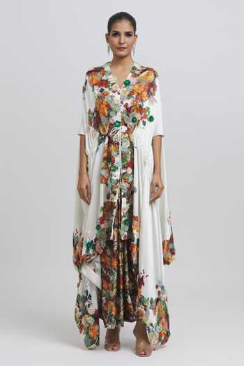 Anamika Khanna_White Silk Beads Floral Print Draped Skirt Set _at_Aza_Fashions