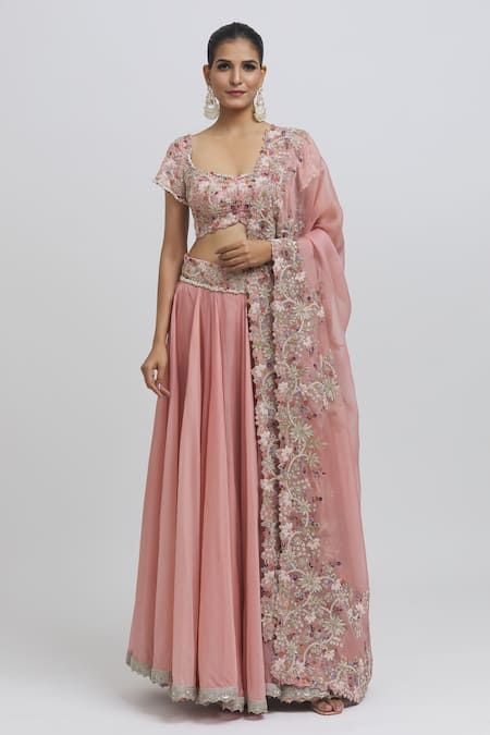 Anamika Khanna Pink Silk Embroidered Zardozi Deep Round Neck Floral Blouse Lehenga Set 