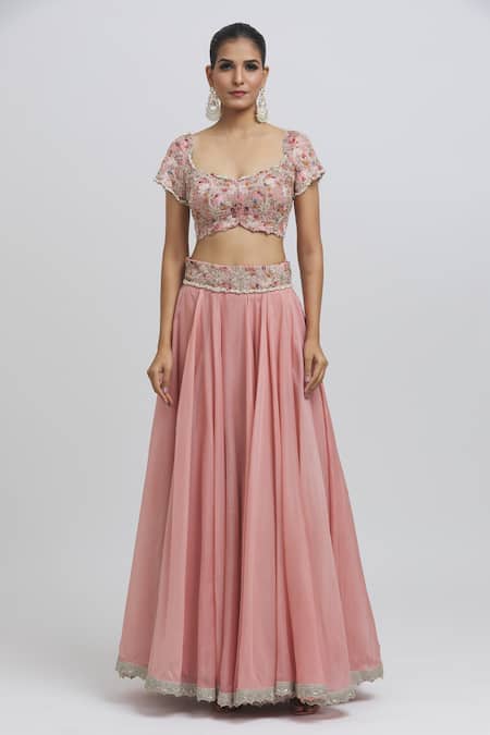 Anamika Khanna_Pink Silk Sequins, Beads, Zari Round Neck Floral Embroidered Blouse Lehenga Set _Online_at_Aza_Fashions