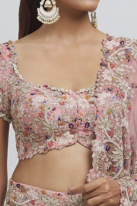 Shop_Anamika Khanna_Pink Silk Sequins, Beads, Zari Round Neck Floral Embroidered Blouse Lehenga Set _Online_at_Aza_Fashions