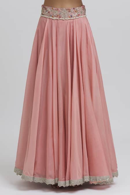 Anamika Khanna_Pink Silk Sequins, Beads, Zari Round Neck Floral Embroidered Blouse Lehenga Set _at_Aza_Fashions