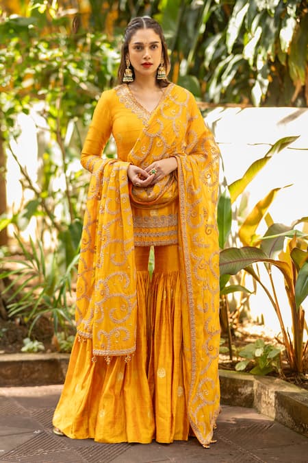 PUNIT BALANA Yellow Banarasi Silk Woven And Mughal Marodi Kurta Gharara Set 