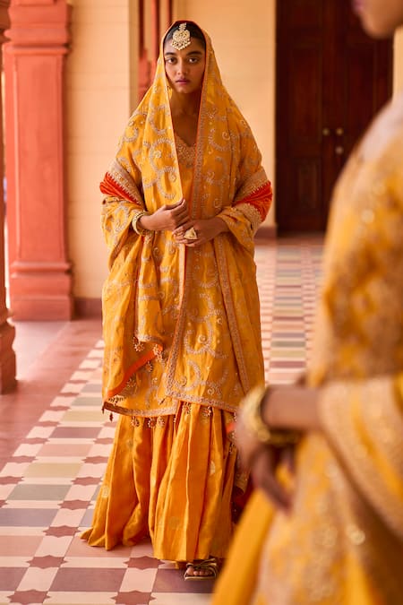 Punit Balana Yellow Silk, Organza, Brocade Embroidery, Gota Mughal Marodi Kurta Gharara Set at Aza Fashions Punit Balana_Yellow Silk, Organza, Brocade Embroidery, Gota Mughal Marodi Kurta Gharara Set _at_Aza_Fashions