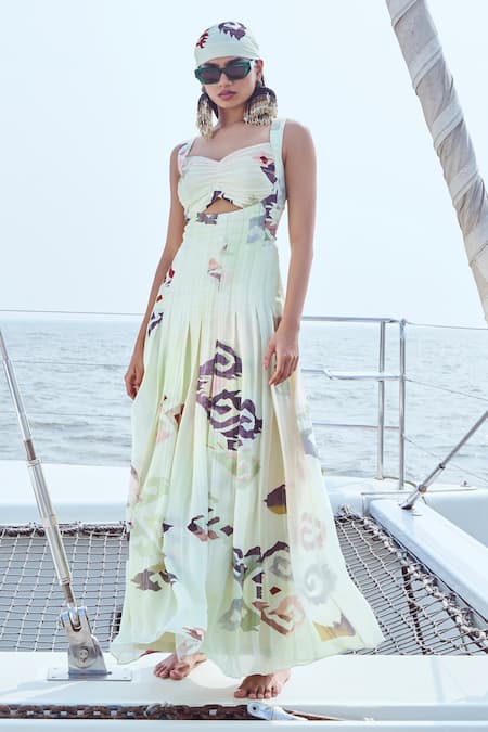 Nirmooha Green Lurex Georgette Print Daffodil Front Key Hole Panelled Maxi Dress 