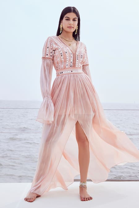 Nirmooha Peach Glass Organza Embroidery Mirror V Prism Centre Slit Maxi Gown 