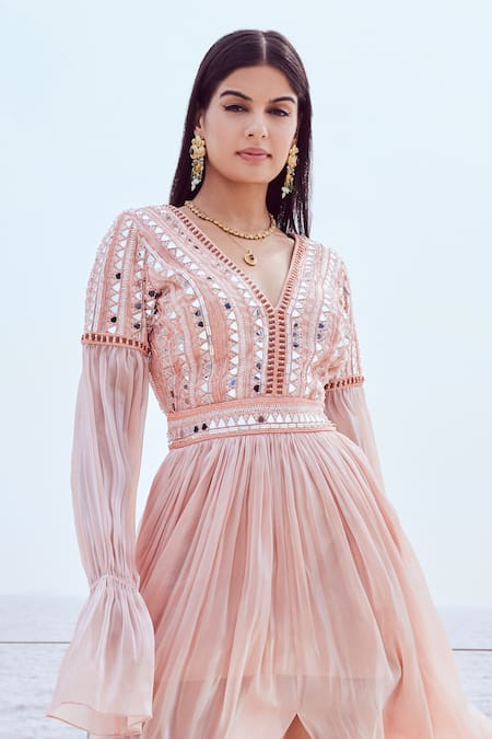 Nirmooha Peach Organza Mirrors V-neck Prism Embroidered Centre Slit Maxi Gown Online at Aza Fashions Nirmooha_Peach Organza Mirrors V-neck Prism Embroidered Centre Slit Maxi Gown _Online_at_Aza_Fashions