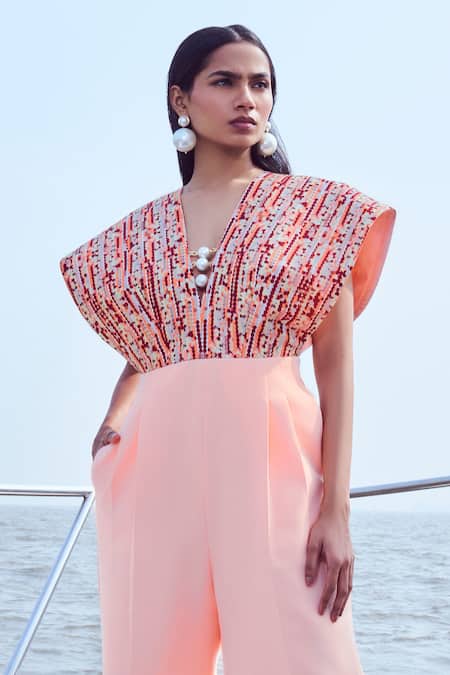 Nirmooha Peach Modal, Satin, Microfiber V-neck Polka Mania Print Kimono Sleeves Jumpsuit Online at Aza Fashions Nirmooha_Peach Modal, Satin, Microfiber V-neck Polka Mania Print Kimono Sleeves Jumpsuit _Online_at_Aza_Fashions