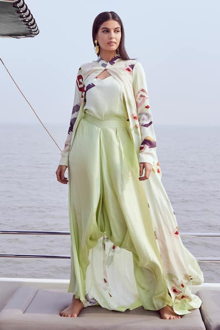 Nirmooha Green Modal Satin Print Floral Mosaic Mandarin Collar Cape Draped Pant Set 