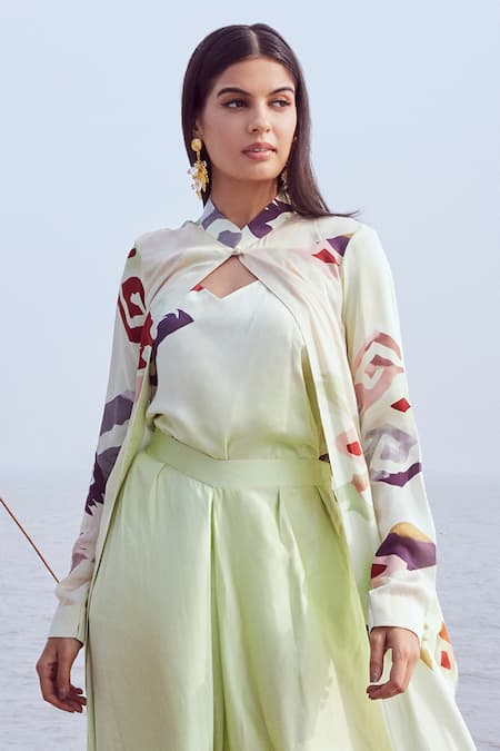 Nirmooha_Green Modal, Satin Mandarin Collar Floral Mosaic Print Cape Draped Pant Set _Online_at_Aza_Fashions