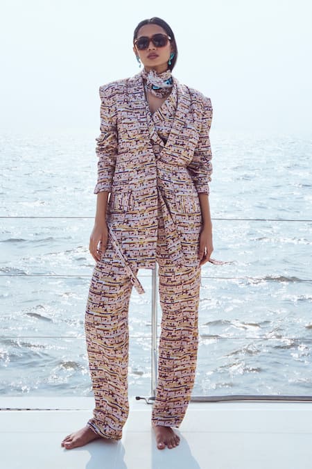 Nirmooha_Peach Modal, Satin Dot Mosaic Print Shawl Lapel Collar Blazer _Online_at_Aza_Fashions