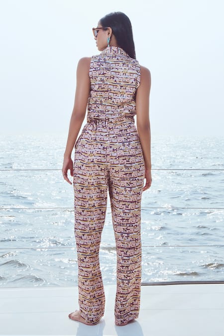 Shop Nirmooha Peach Modal, Satin Collared Dot Mosaic Print Crop Vest Top at Aza Fashions Shop_Nirmooha_Peach Modal, Satin Collared Dot Mosaic Print Crop Vest Top _at_Aza_Fashions