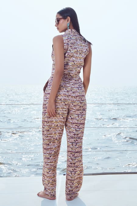 Buy Nirmooha Peach Modal, Satin Collared Dot Mosaic Print Crop Vest Top Online at Aza Fashions Buy_Nirmooha_Peach Modal, Satin Collared Dot Mosaic Print Crop Vest Top _Online_at_Aza_Fashions