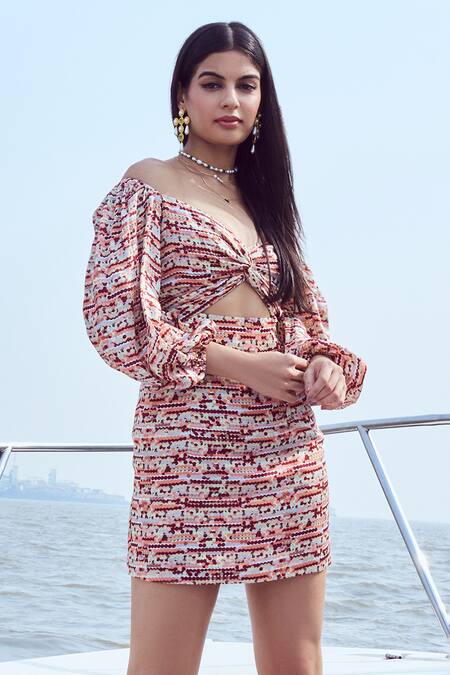 Nirmooha Peach Modal, Satin Off-shoulder Polka Mosaic Print Off Short Dress Online at Aza Fashions Nirmooha_Peach Modal, Satin Off-shoulder Polka Mosaic Print Off Short Dress _Online_at_Aza_Fashions