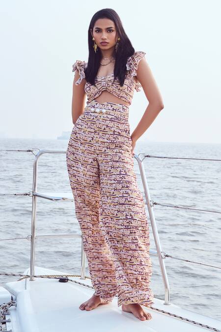 Nirmooha Peach Lurex, Chiffon Polka Mosaic Print Frilly Butterfly Sleeves Crop Top Online at Aza Fashions Nirmooha_Peach Lurex, Chiffon Polka Mosaic Print Frilly Butterfly Sleeves Crop Top _Online_at_Aza_Fashions