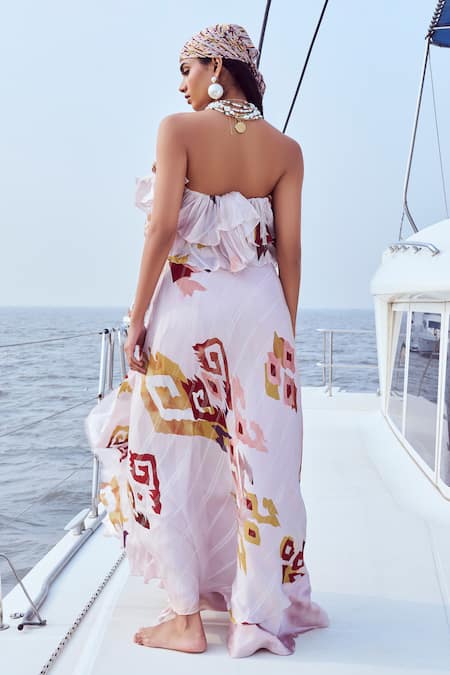 Shop Nirmooha Peach Lurex, Chiffon Off-shoulder Patola Fleur Print Off Maxi Dress at Aza Fashions Shop_Nirmooha_Peach Lurex, Chiffon Off-shoulder Patola Fleur Print Off Maxi Dress _at_Aza_Fashions