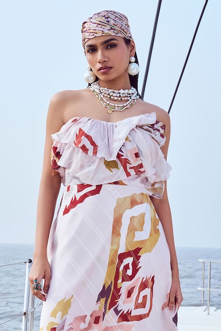 Nirmooha Peach Lurex, Chiffon Off-shoulder Patola Fleur Print Off Maxi Dress Online at Aza Fashions Nirmooha_Peach Lurex, Chiffon Off-shoulder Patola Fleur Print Off Maxi Dress _Online_at_Aza_Fashions