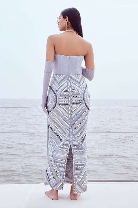 Nirmooha Aztec Mirror Embroidered Gown With Pair Of Gloves 