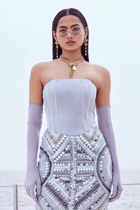 Nirmooha_Grey Organza Mirrors Off-shoulder Aztec Embroidered Gown With Pair Of Gloves _Online_at_Aza_Fashions