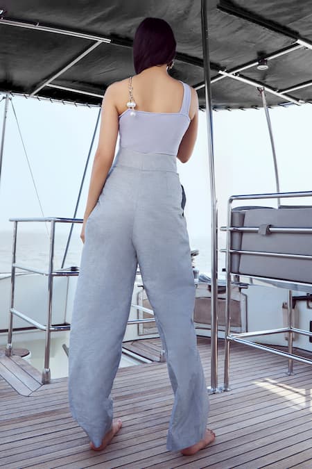 Shop Nirmooha Grey Modal, Linen Solid Box Pleated High Waist Pant at Aza Fashions Shop_Nirmooha_Grey Modal, Linen Solid Box Pleated High Waist Pant _at_Aza_Fashions