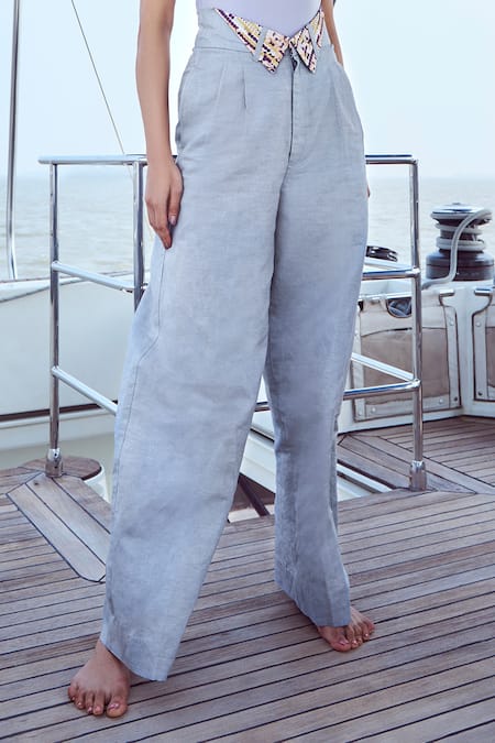 Nirmooha Grey Modal, Linen Solid Box Pleated High Waist Pant Online at Aza Fashions Nirmooha_Grey Modal, Linen Solid Box Pleated High Waist Pant _Online_at_Aza_Fashions