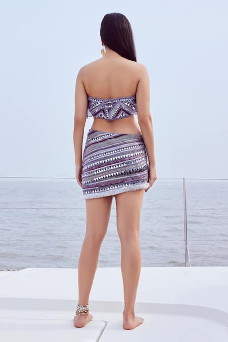 Shop Nirmooha Purple Silk Mirrors Off-shoulder Prism Work Ruffled Bandeau Top at Aza Fashions Shop_Nirmooha_Purple Silk Mirrors Off-shoulder Prism Work Ruffled Bandeau Top _at_Aza_Fashions