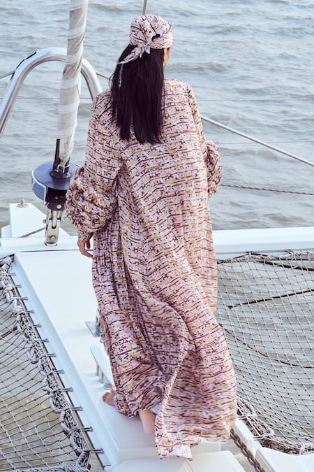 Shop_Nirmooha_Peach Modal, Chiffon Sequins Sweetheart Neck Geometric Print Cape Skirt Set _at_Aza_Fashions