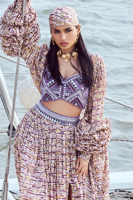 Nirmooha_Peach Modal, Chiffon Sequins Sweetheart Neck Geometric Print Cape Skirt Set _Online_at_Aza_Fashions