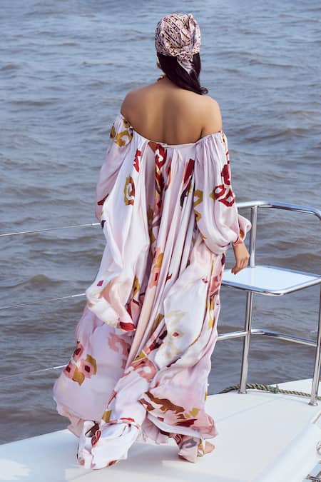 Shop Nirmooha Peach Modal, Satin Embroidery Off-shoulder Patola Print Top at Aza Fashions Shop_Nirmooha_Peach Modal, Satin Embroidery Off-shoulder Patola Print Top _at_Aza_Fashions