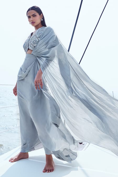 Nirmooha Pre-Draped Saree With Hand Embroidered Blouse 