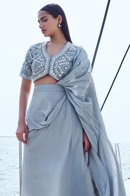 Nirmooha Grey Crepe Beads, Mirrors V-neck Pre-draped Saree With Hand Embroidered Blouse Online at Aza Fashions Nirmooha_Grey Crepe Beads, Mirrors V-neck Pre-draped Saree With Hand Embroidered Blouse _Online_at_Aza_Fashions