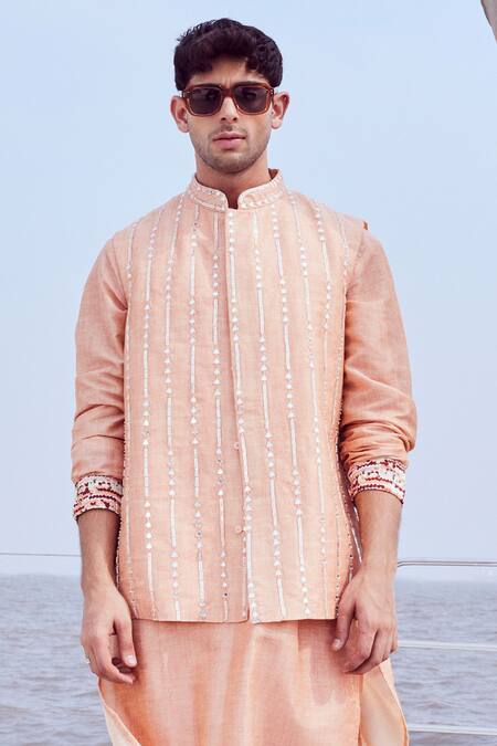 Nirmooha Peach Linen Mirrors Geometric Embroidered Bundi Kurta Set Online at Aza Fashions Nirmooha_Peach Linen Mirrors Geometric Embroidered Bundi Kurta Set _Online_at_Aza_Fashions