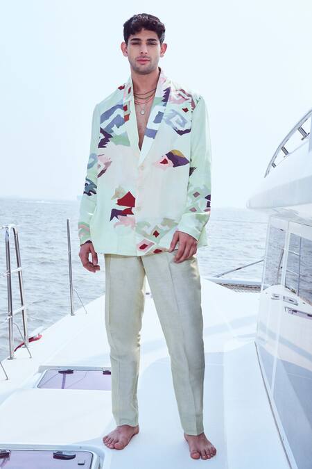 Nirmooha Green Modal, Satin Patola Print Shirt Online at Aza Fashions Nirmooha_Green Modal, Satin Patola Print Shirt _Online_at_Aza_Fashions