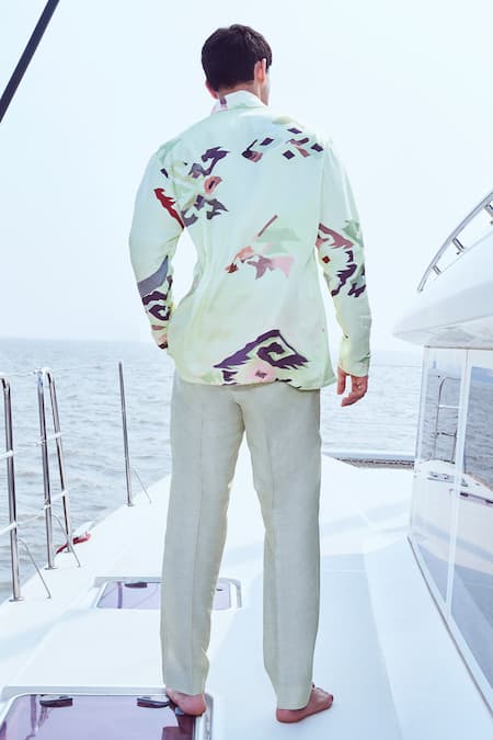 Shop Nirmooha Green Linen Embroidery Patola Print Straight Pant at Aza Fashions Shop_Nirmooha_Green Linen Embroidery Patola Print Straight Pant _at_Aza_Fashions