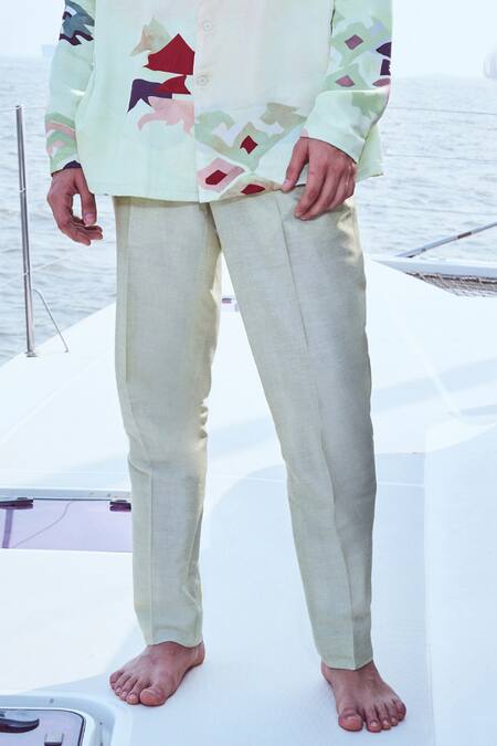 Nirmooha Green Linen Embroidery Patola Print Straight Pant Online at Aza Fashions Nirmooha_Green Linen Embroidery Patola Print Straight Pant _Online_at_Aza_Fashions