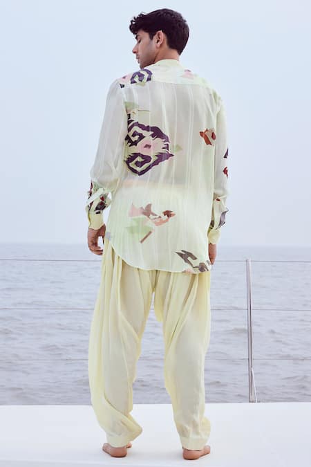 Shop Nirmooha Green Crepe, Chiffon Patola Print Shirt And Patiala Pant Set at Aza Fashions Shop_Nirmooha_Green Crepe, Chiffon Patola Print Shirt And Patiala Pant Set _at_Aza_Fashions