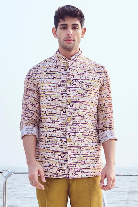 Nirmooha_Multi Color Linen, Lurex Geometric Print Bundi Kurta Set _Online_at_Aza_Fashions
