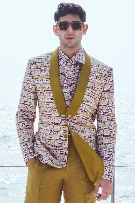 Nirmooha_White Linen Geometric Print Blazer And Pant Set _Online_at_Aza_Fashions