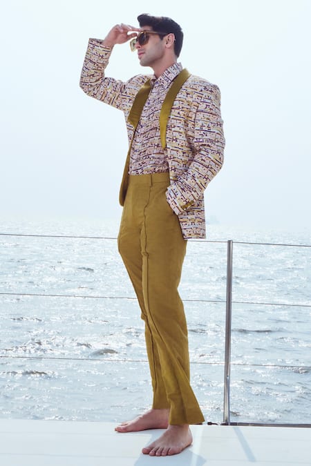 Shop_Nirmooha_White Linen Geometric Print Blazer And Pant Set _Online_at_Aza_Fashions