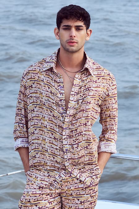 Nirmooha Peach Lurex, Chiffon Geometric Print Shirt Online at Aza Fashions Nirmooha_Peach Lurex, Chiffon Geometric Print Shirt _Online_at_Aza_Fashions