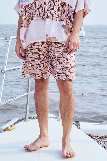 Nirmooha_Peach Modal, Satin Geometric Print Shorts _Online_at_Aza_Fashions