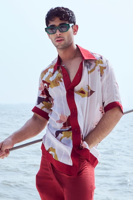 Nirmooha_Peach Chiffon, Lurex Embroidery Patola Print Front Buttoned Shirt _Online_at_Aza_Fashions