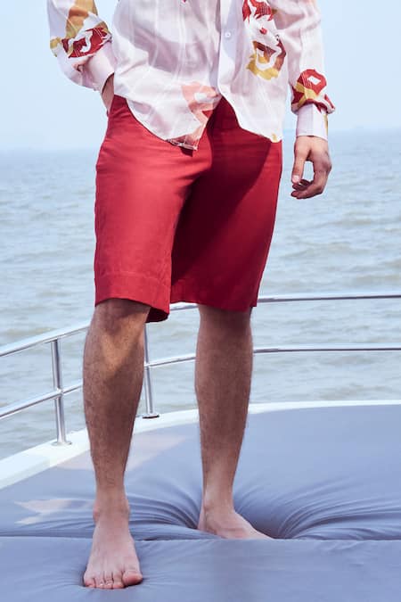 Nirmooha_Red Linen Solid Shorts With Belt _Online_at_Aza_Fashions