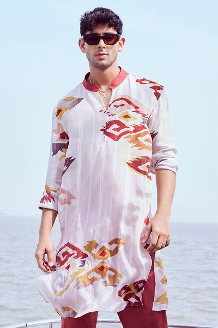 Nirmooha_White Linen, Chiffon, Lurex Patola Print Kurta And Pant Set _Online_at_Aza_Fashions