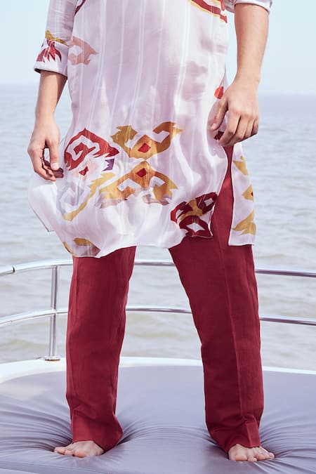 Buy_Nirmooha_White Linen, Chiffon, Lurex Patola Print Kurta And Pant Set _Online_at_Aza_Fashions
