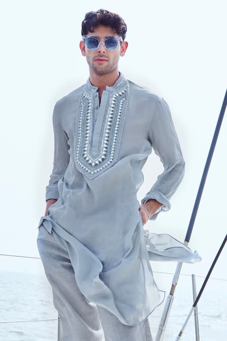 Buy_Nirmooha_Grey Crepe Beads, Mirrors Hand Embroidered Kurta And Pant Set _Online_at_Aza_Fashions