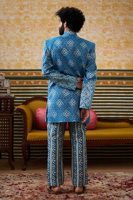 Shop_Soup By Sougat Paul_Blue Silk Floral Bandhej Print Bandhgala Set _at_Aza_Fashions