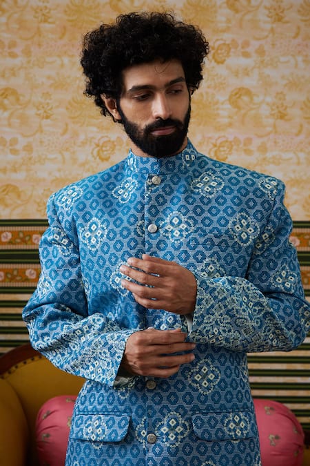 Soup By Sougat Paul_Blue Silk Floral Bandhej Print Bandhgala Set _Online_at_Aza_Fashions