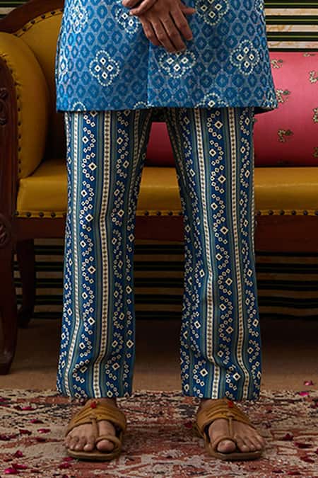 Buy_Soup By Sougat Paul_Blue Silk Floral Bandhej Print Bandhgala Set _Online_at_Aza_Fashions