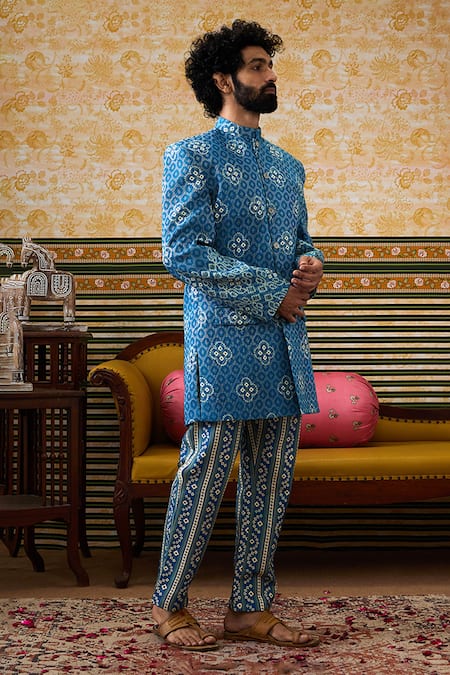 Shop_Soup By Sougat Paul_Blue Silk Floral Bandhej Print Bandhgala Set _Online_at_Aza_Fashions
